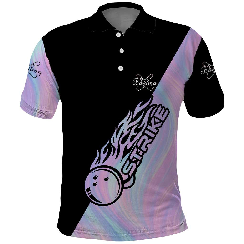 Bowling Strike Graphic Polo Shirt Custom Flaming Ball and Pastel Gradient Swirl Pattern Design - Wonder Print Shop