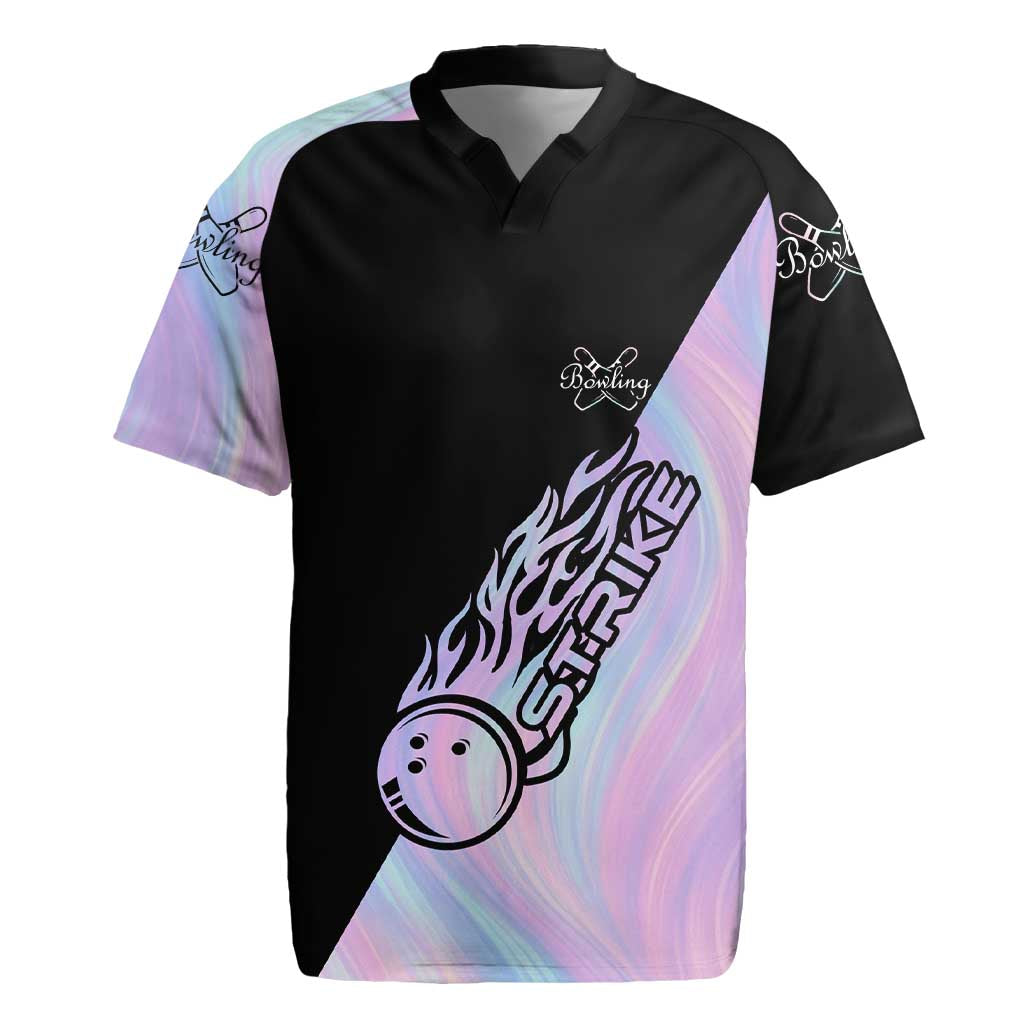 Bowling Strike Graphic Rugby Jersey Custom Flaming Ball and Pastel Gradient Swirl Pattern Design - Wonder Print Shop