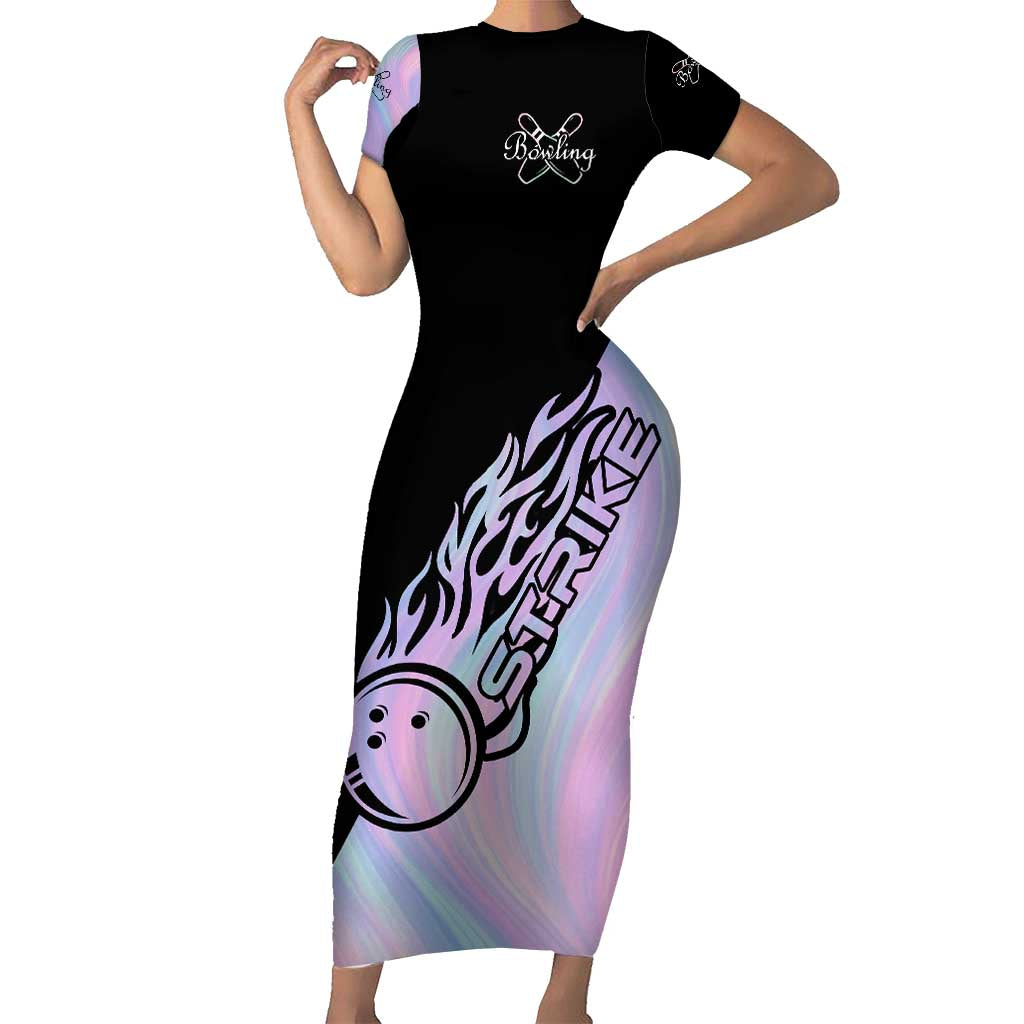 Bowling Strike Graphic Short Sleeve Bodycon Dress Custom Flaming Ball and Pastel Gradient Swirl Pattern Design - Wonder Print Shop