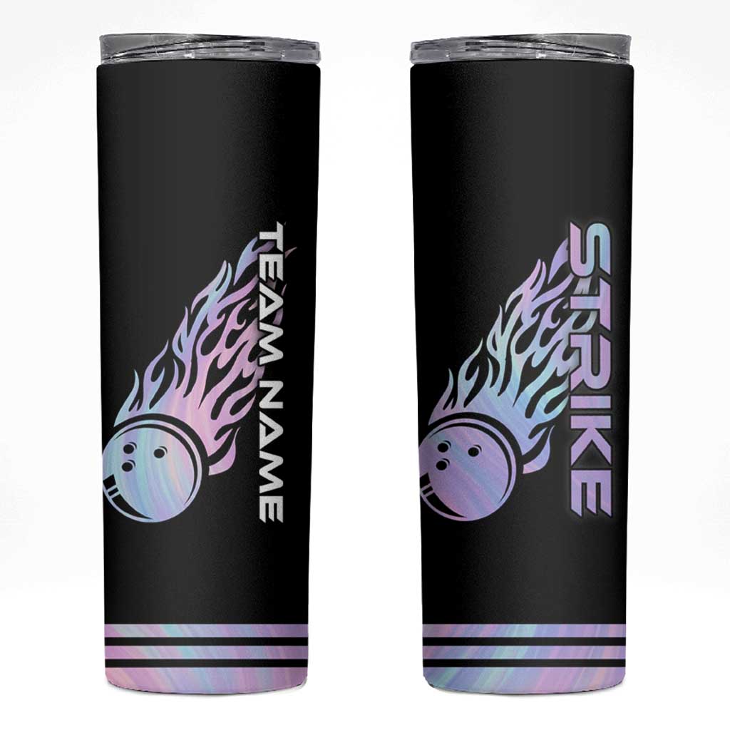 Bowling Strike Graphic Skinny Tumbler Custom Flaming Ball and Pastel Gradient Swirl Pattern Design - Wonder Print Shop