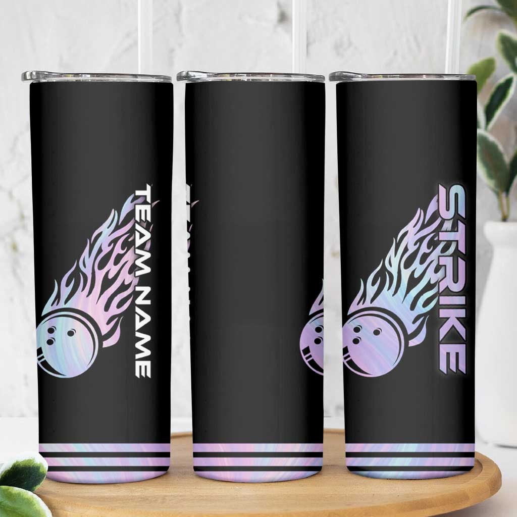 Bowling Strike Graphic Skinny Tumbler Custom Flaming Ball and Pastel Gradient Swirl Pattern Design - Wonder Print Shop