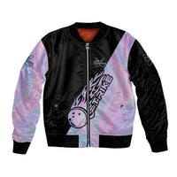 Bowling Strike Graphic Sleeve Zip Bomber Jacket Custom Flaming Ball and Pastel Gradient Swirl Pattern Design - Wonder Print Shop
