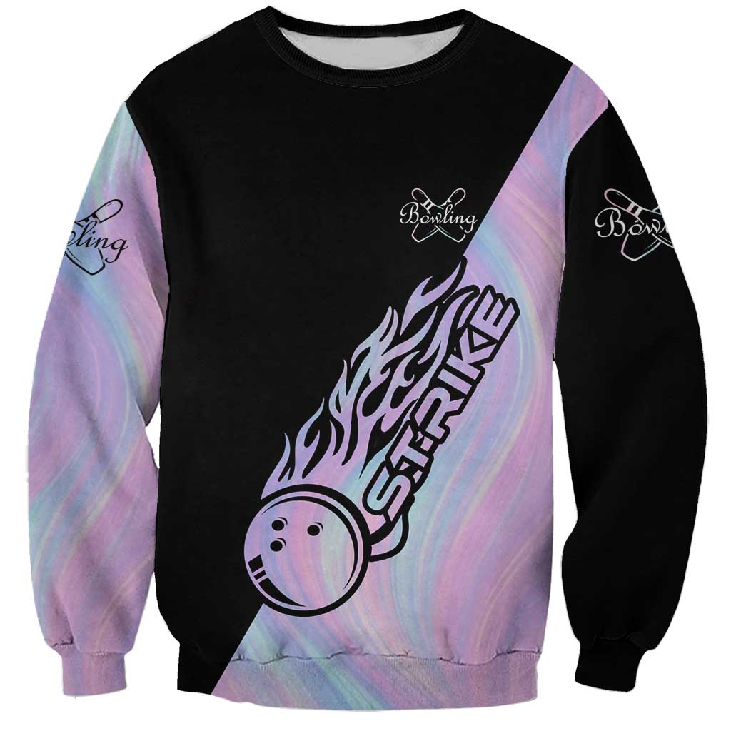 Bowling Strike Graphic Sweatshirt Custom Flaming Ball and Pastel Gradient Swirl Pattern Design - Wonder Print Shop