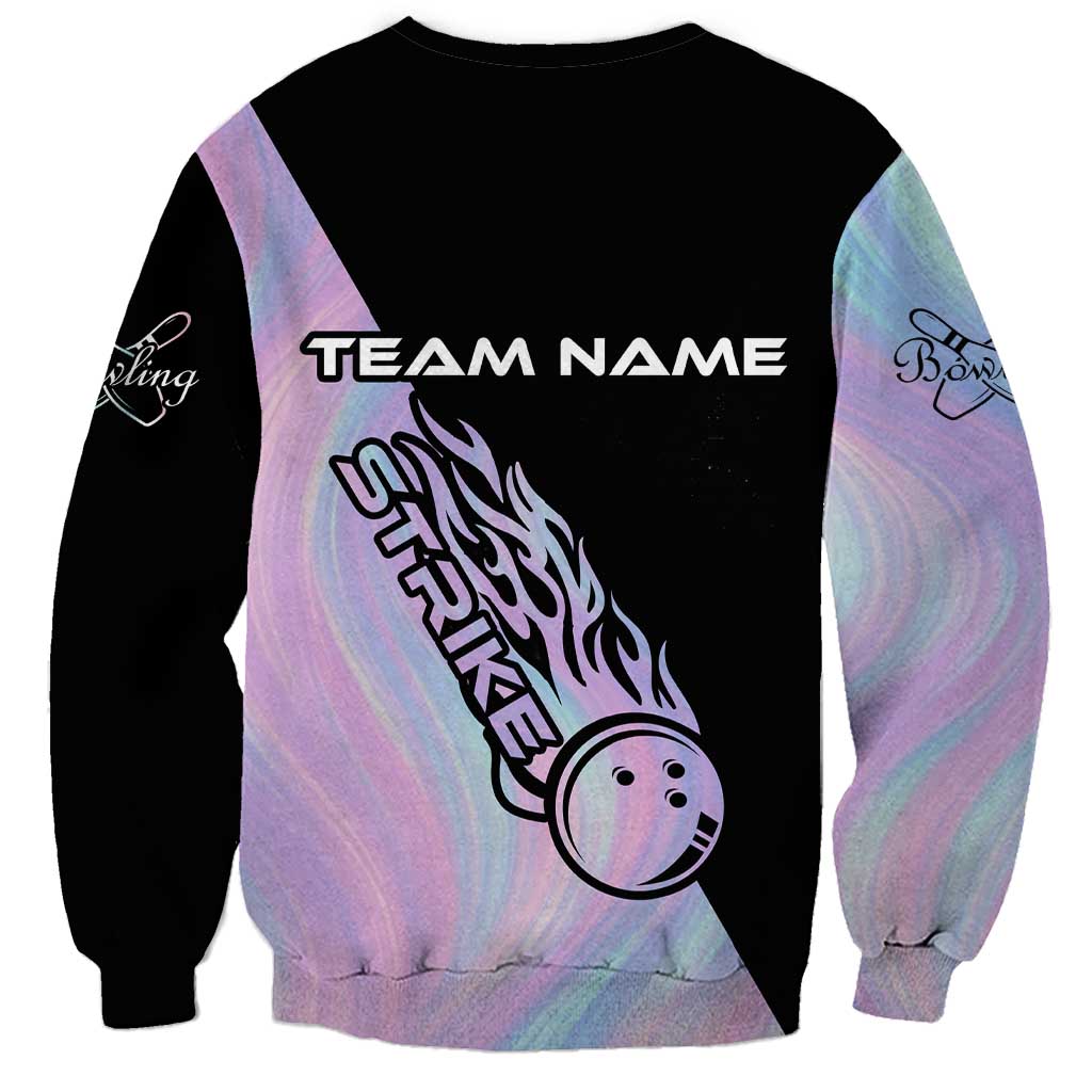 Bowling Strike Graphic Sweatshirt Custom Flaming Ball and Pastel Gradient Swirl Pattern Design - Wonder Print Shop