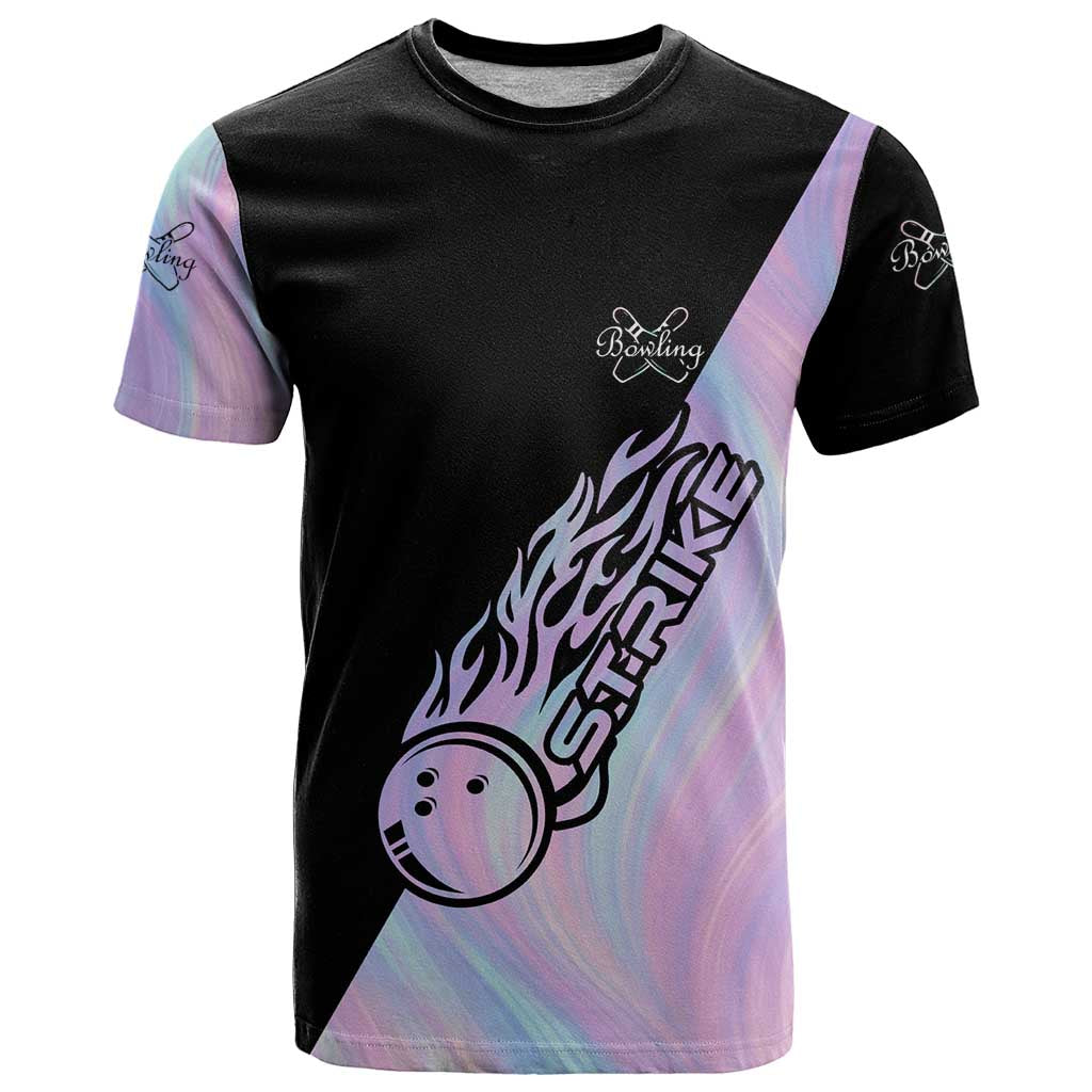 Bowling Strike Graphic T Shirt Custom Flaming Ball and Pastel Gradient Swirl Pattern Design - Wonder Print Shop
