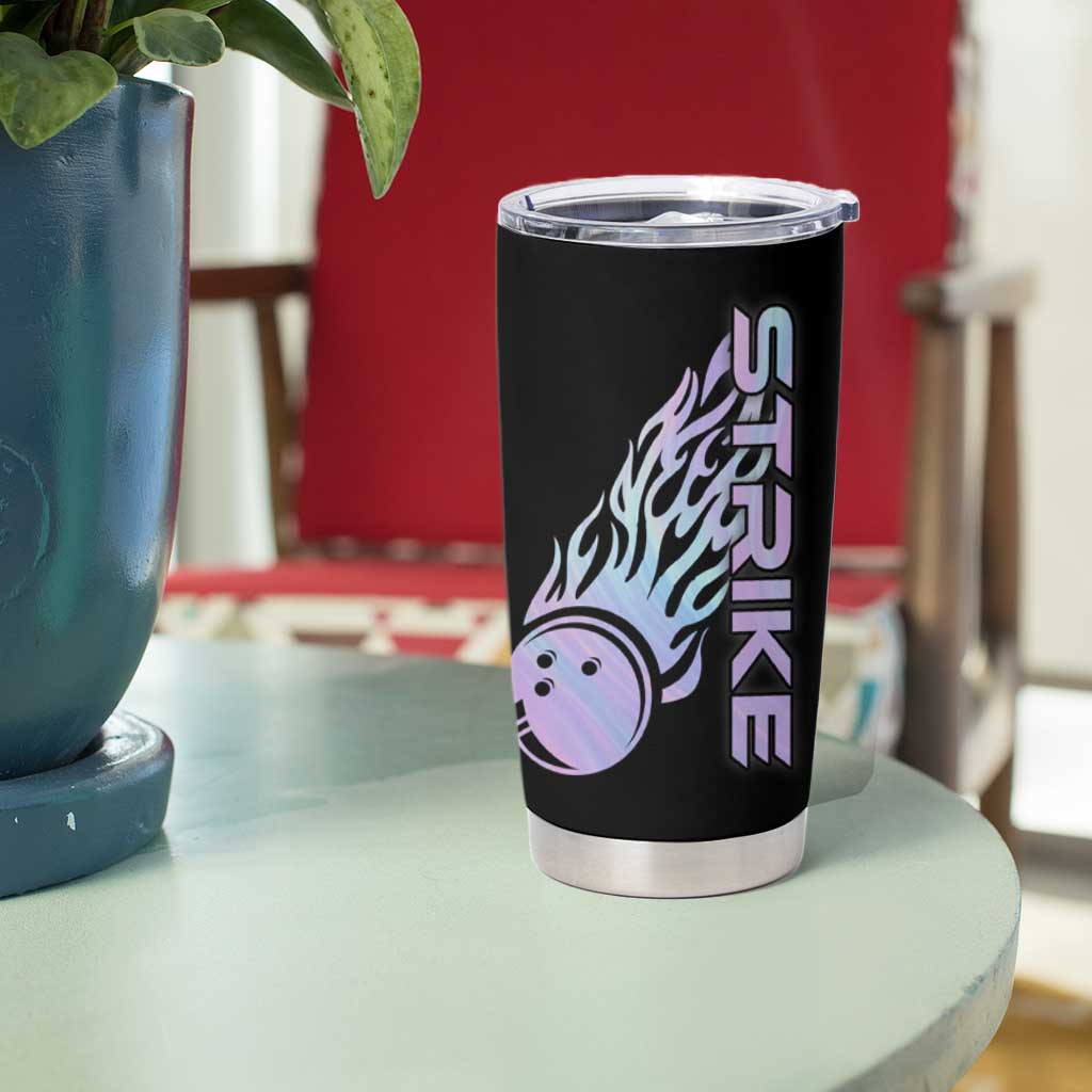 Bowling Strike Graphic Tumbler Cup Custom Flaming Ball and Pastel Gradient Swirl Pattern Design - Wonder Print Shop