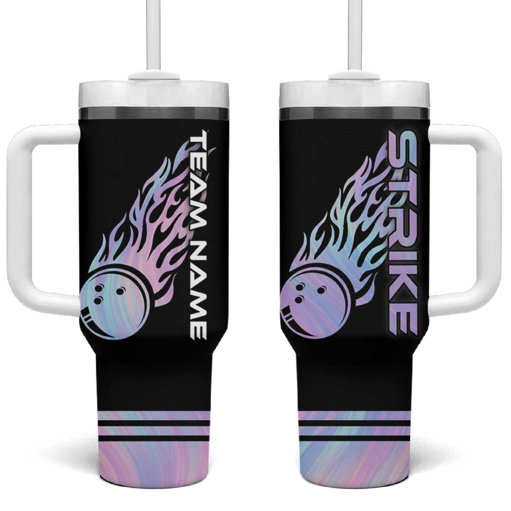 Bowling Strike Graphic Tumbler With Handle Custom Flaming Ball and Pastel Gradient Swirl Pattern Design - Wonder Print Shop