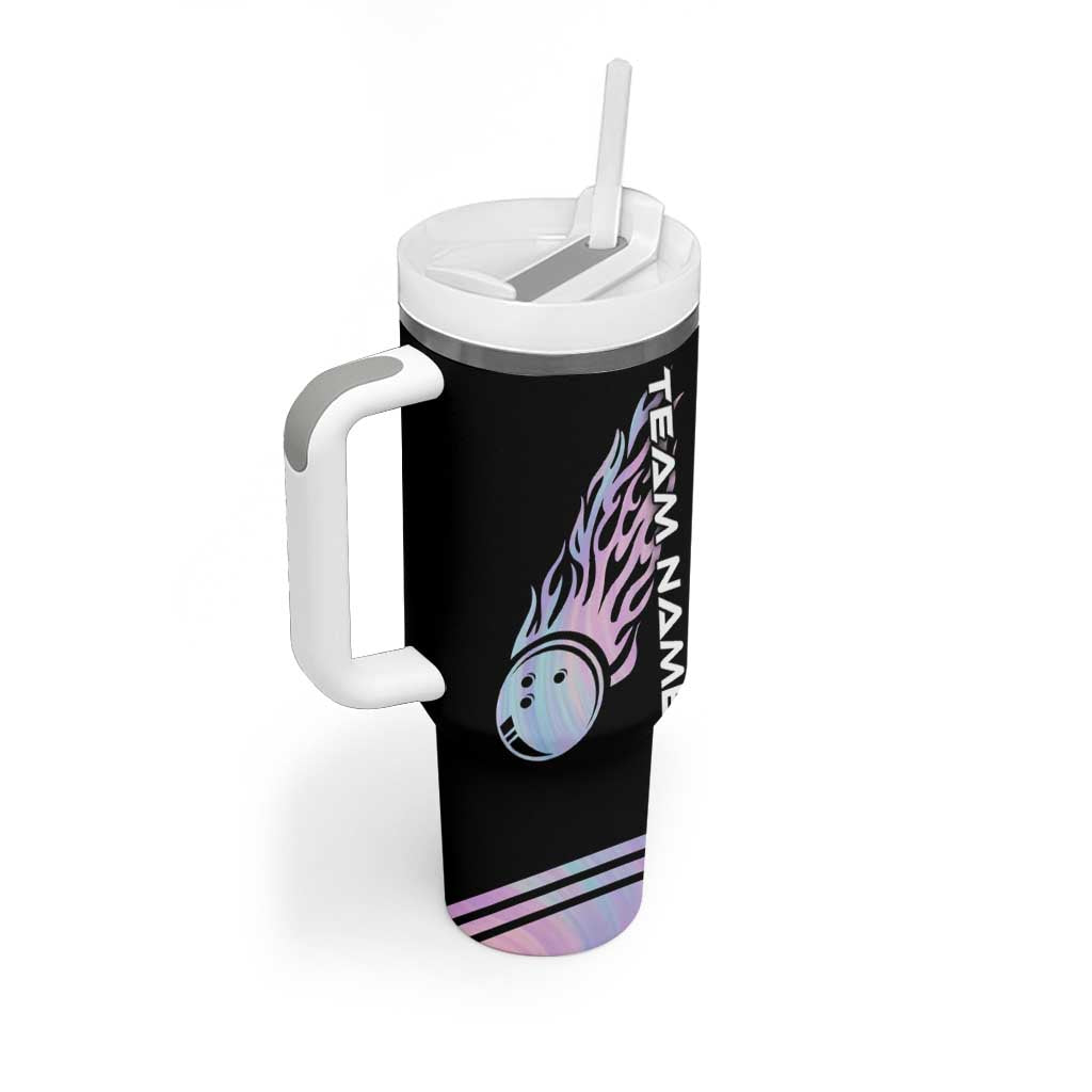 Bowling Strike Graphic Tumbler With Handle Custom Flaming Ball and Pastel Gradient Swirl Pattern Design - Wonder Print Shop