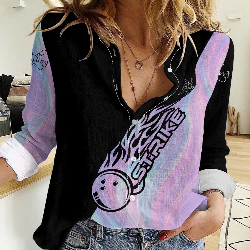 Bowling Strike Graphic Women Casual Shirt Custom Flaming Ball and Pastel Gradient Swirl Pattern Design - Wonder Print Shop