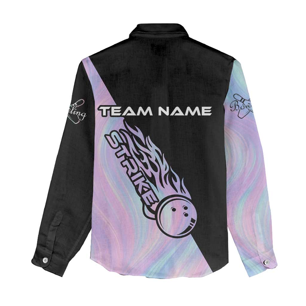 Bowling Strike Graphic Women Casual Shirt Custom Flaming Ball and Pastel Gradient Swirl Pattern Design - Wonder Print Shop