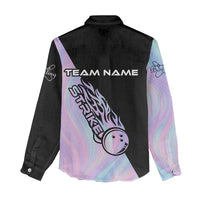 Bowling Strike Graphic Women Casual Shirt Custom Flaming Ball and Pastel Gradient Swirl Pattern Design - Wonder Print Shop