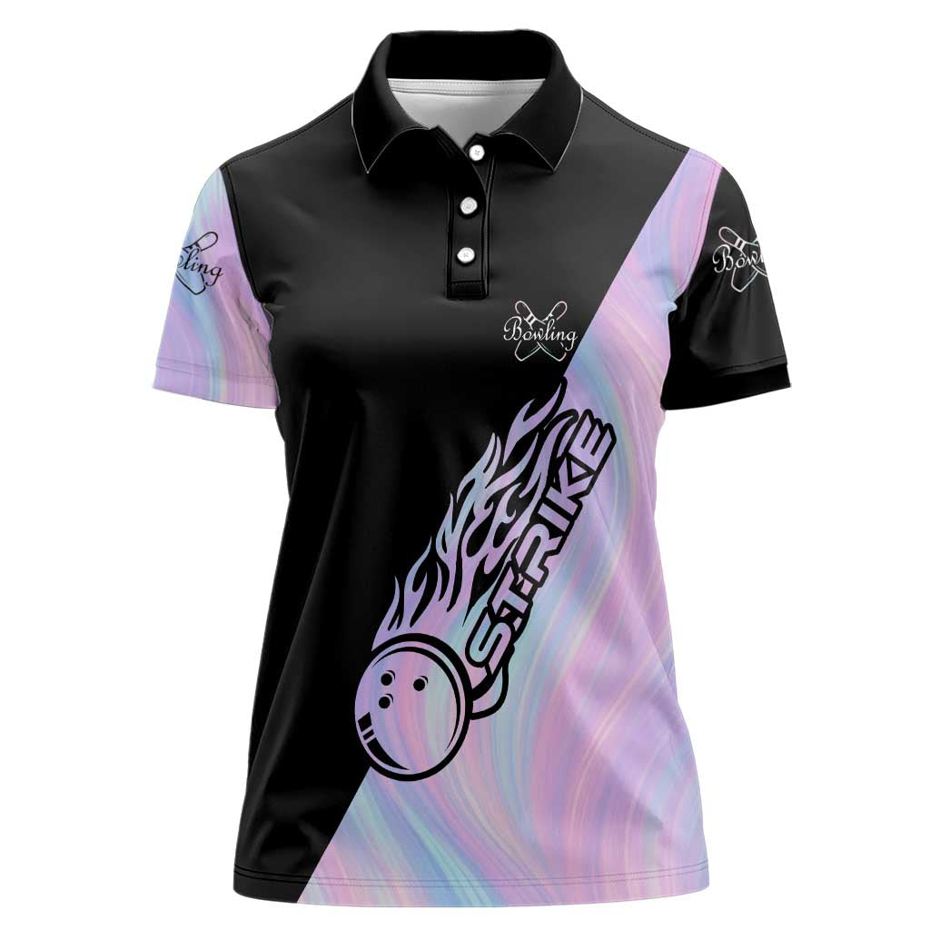 Bowling Strike Graphic Women Polo Shirt Custom Flaming Ball and Pastel Gradient Swirl Pattern Design - Wonder Print Shop