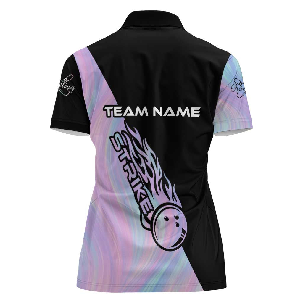 Bowling Strike Graphic Women Polo Shirt Custom Flaming Ball and Pastel Gradient Swirl Pattern Design - Wonder Print Shop