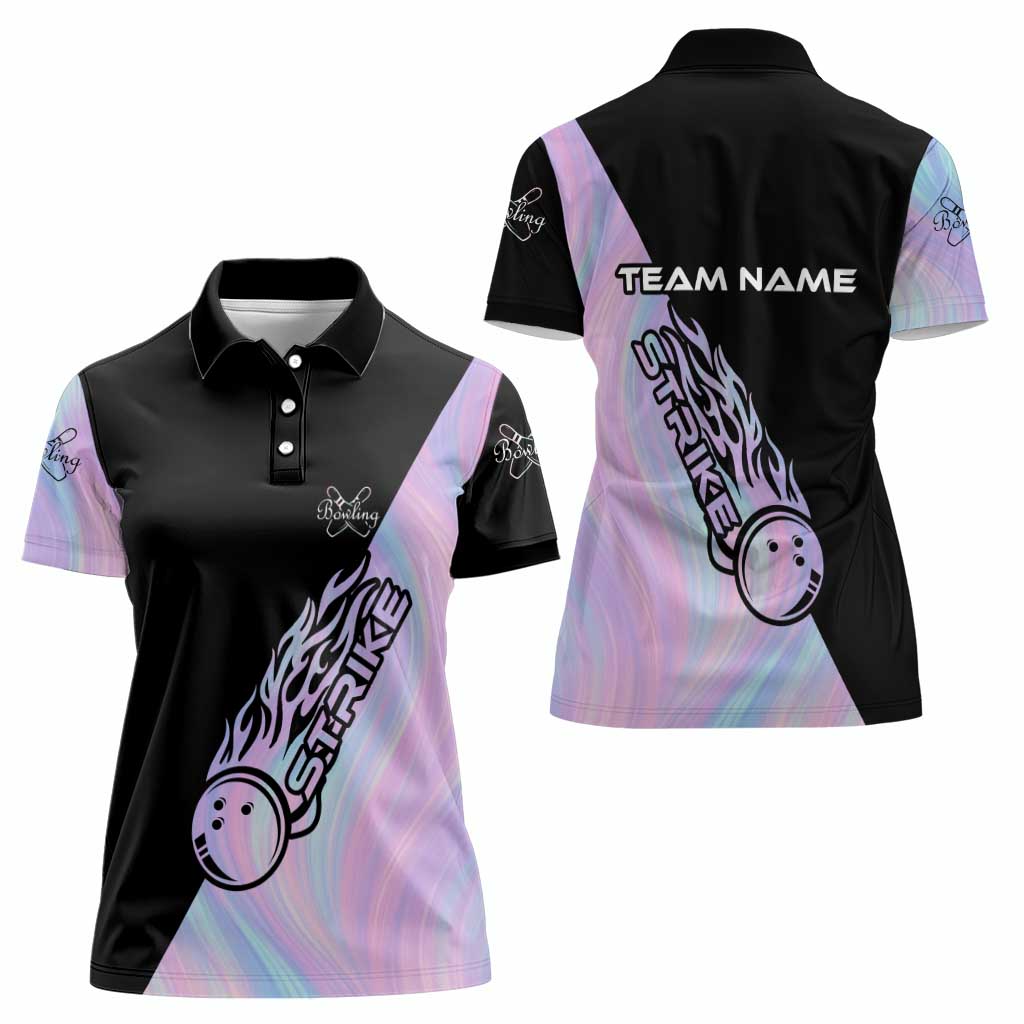 Bowling Strike Graphic Women Polo Shirt Custom Flaming Ball and Pastel Gradient Swirl Pattern Design - Wonder Print Shop