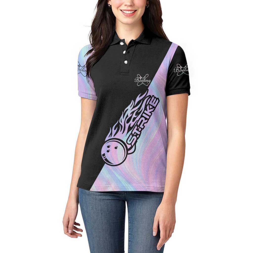 Bowling Strike Graphic Women Polo Shirt Custom Flaming Ball and Pastel Gradient Swirl Pattern Design - Wonder Print Shop