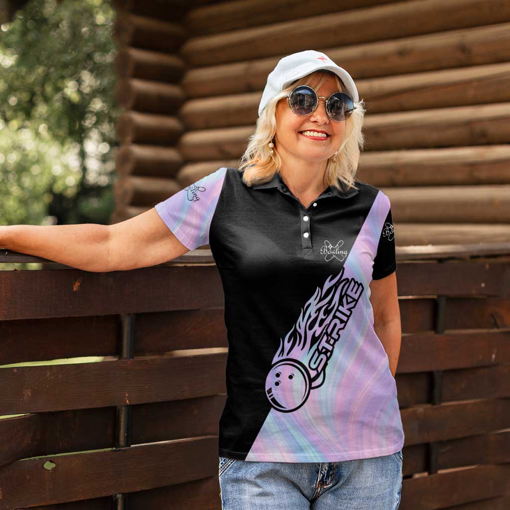 Bowling Strike Graphic Women Polo Shirt Custom Flaming Ball and Pastel Gradient Swirl Pattern Design - Wonder Print Shop