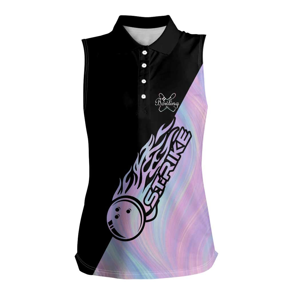 Bowling Strike Graphic Women Sleeveless Polo Shirt Custom Flaming Ball and Pastel Gradient Swirl Pattern Design - Wonder Print Shop