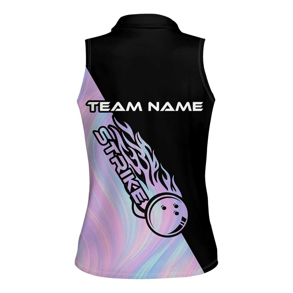 Bowling Strike Graphic Women Sleeveless Polo Shirt Custom Flaming Ball and Pastel Gradient Swirl Pattern Design - Wonder Print Shop