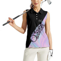 Bowling Strike Graphic Women Sleeveless Polo Shirt Custom Flaming Ball and Pastel Gradient Swirl Pattern Design - Wonder Print Shop