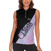 Bowling Strike Graphic Women Sleeveless Polo Shirt Custom Flaming Ball and Pastel Gradient Swirl Pattern Design - Wonder Print Shop