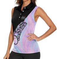 Bowling Strike Graphic Women Sleeveless Polo Shirt Custom Flaming Ball and Pastel Gradient Swirl Pattern Design - Wonder Print Shop