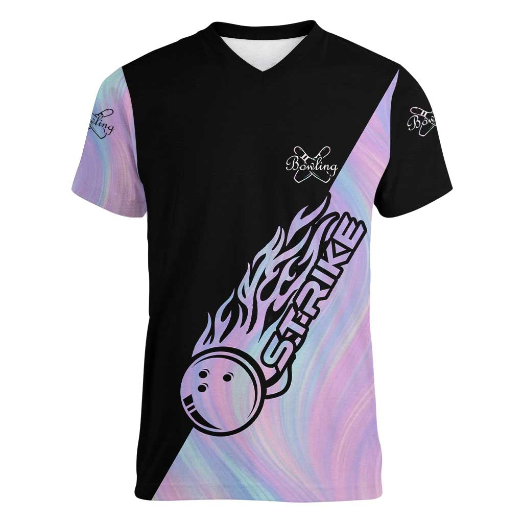 Bowling Strike Graphic Women V-Neck T-Shirt Custom Flaming Ball and Pastel Gradient Swirl Pattern Design - Wonder Print Shop