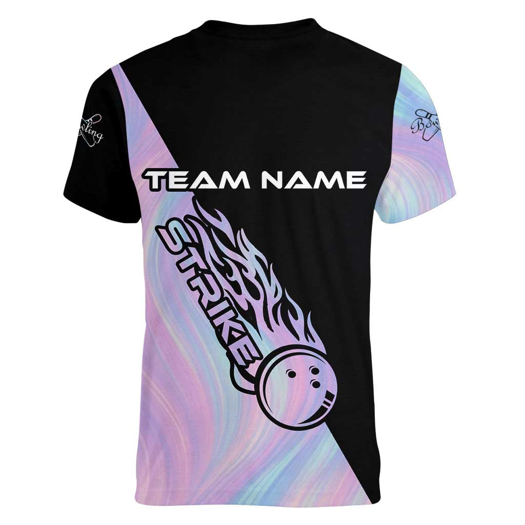 Bowling Strike Graphic Women V-Neck T-Shirt Custom Flaming Ball and Pastel Gradient Swirl Pattern Design - Wonder Print Shop