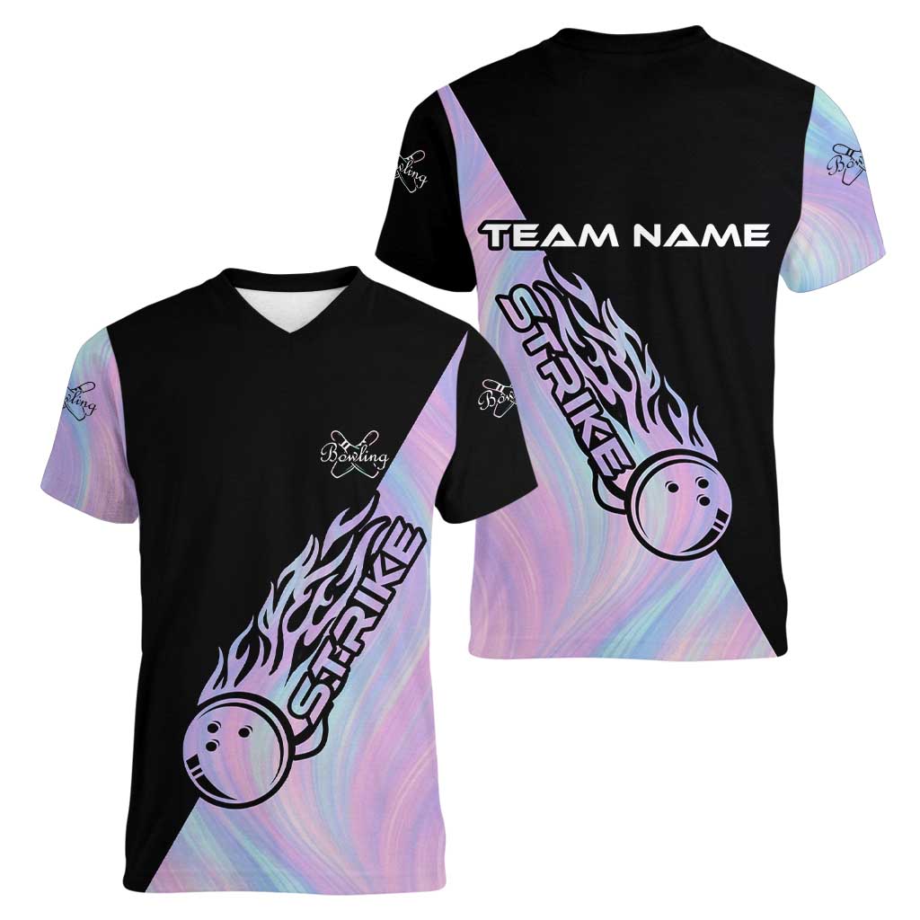 Bowling Strike Graphic Women V-Neck T-Shirt Custom Flaming Ball and Pastel Gradient Swirl Pattern Design - Wonder Print Shop