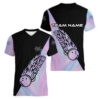 Bowling Strike Graphic Women V-Neck T-Shirt Custom Flaming Ball and Pastel Gradient Swirl Pattern Design - Wonder Print Shop