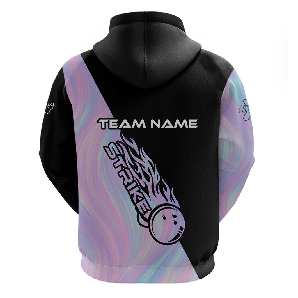 Bowling Strike Graphic Zip Hoodie Custom Flaming Ball and Pastel Gradient Swirl Pattern Design - Wonder Print Shop
