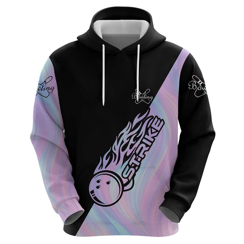 Bowling Strike Graphic Zip Hoodie Custom Flaming Ball and Pastel Gradient Swirl Pattern Design - Wonder Print Shop