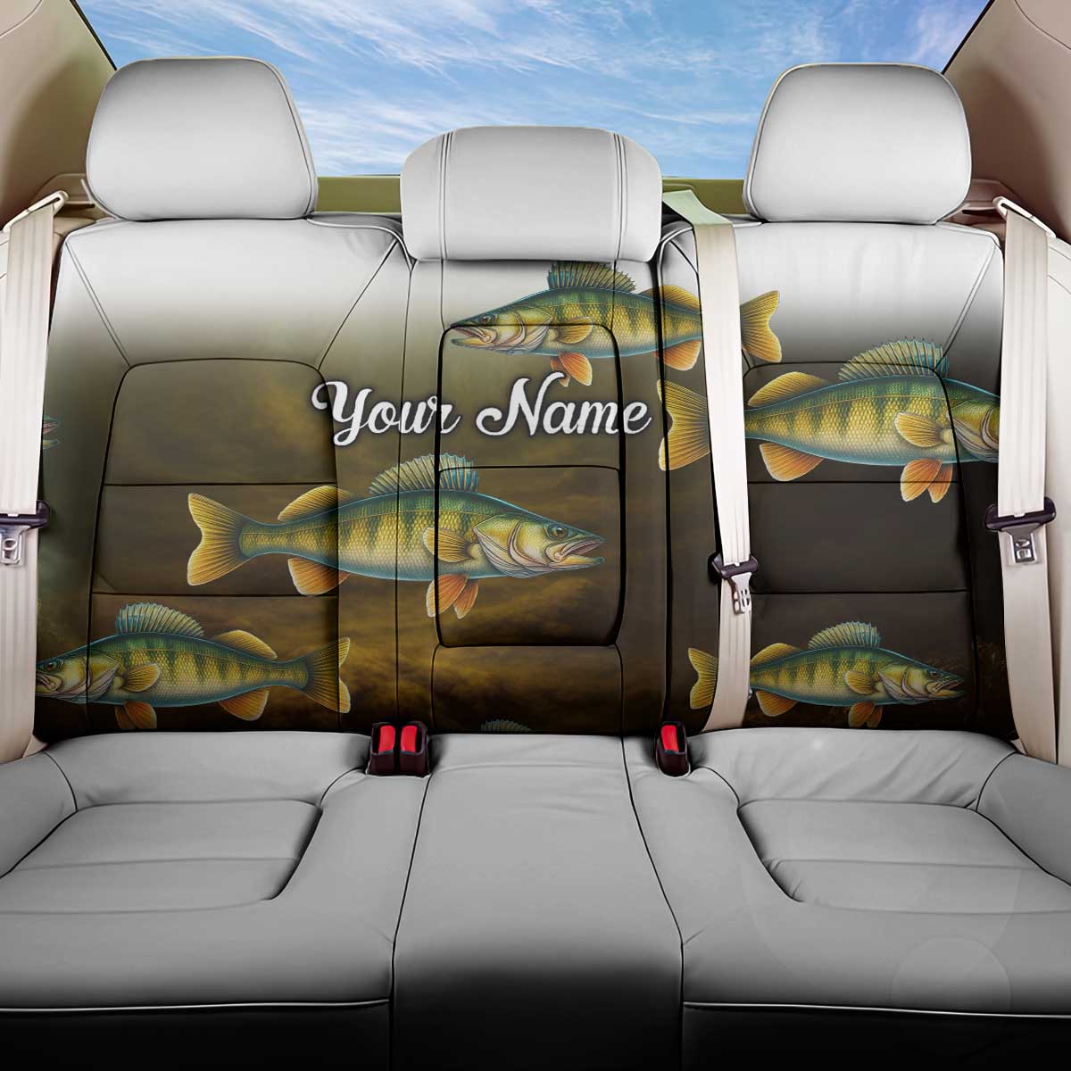Walleye Fishing Yellow Scales Customize Name Back Car Seat Cover Dark Gradient Water Background - Wonder Print Shop