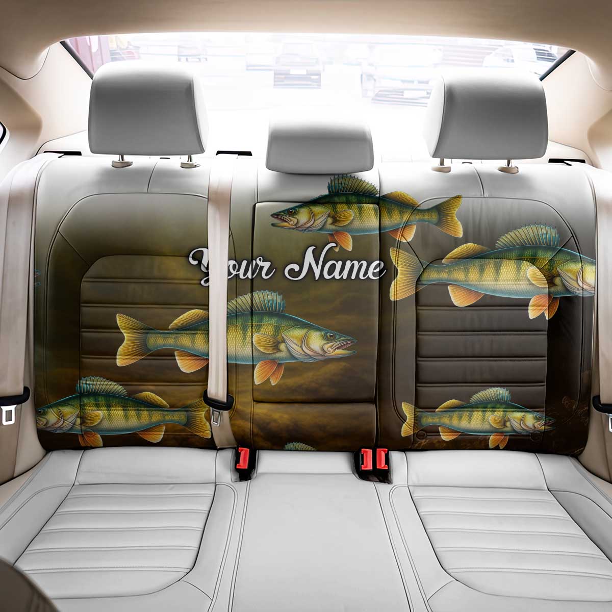 Walleye Fishing Yellow Scales Customize Name Back Car Seat Cover Dark Gradient Water Background - Wonder Print Shop