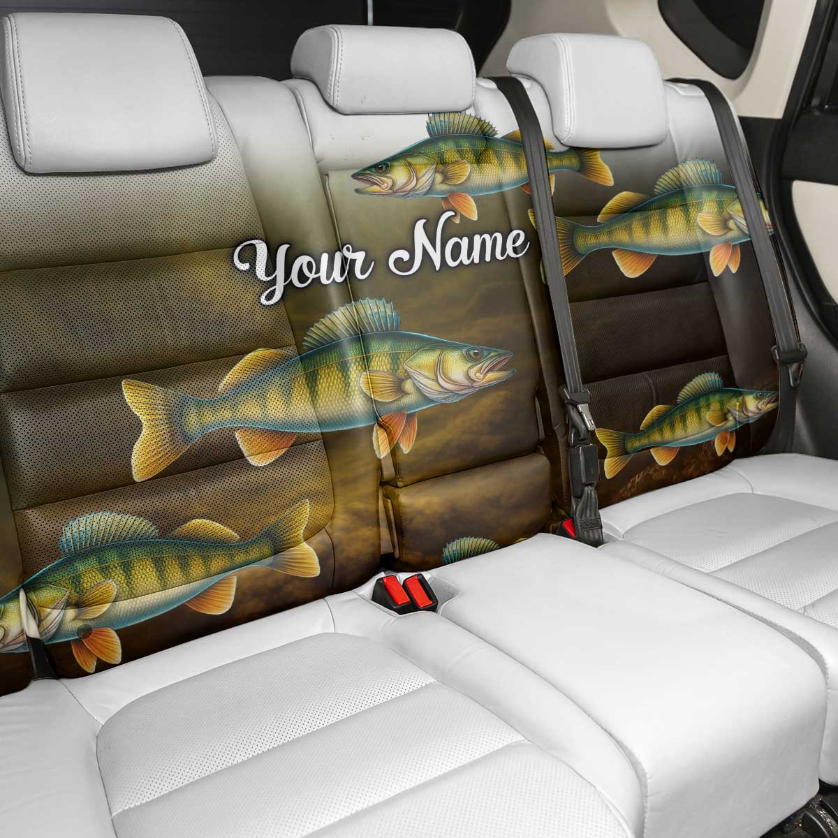Walleye Fishing Yellow Scales Customize Name Back Car Seat Cover Dark Gradient Water Background - Wonder Print Shop