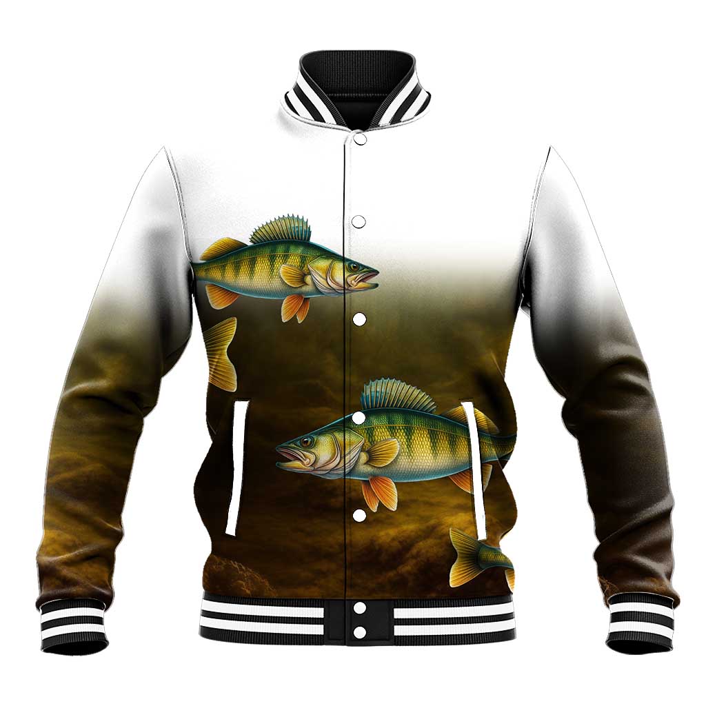 Walleye Fishing Yellow Scales Customize Name Baseball Jacket Dark Gradient Water Background - Wonder Print Shop