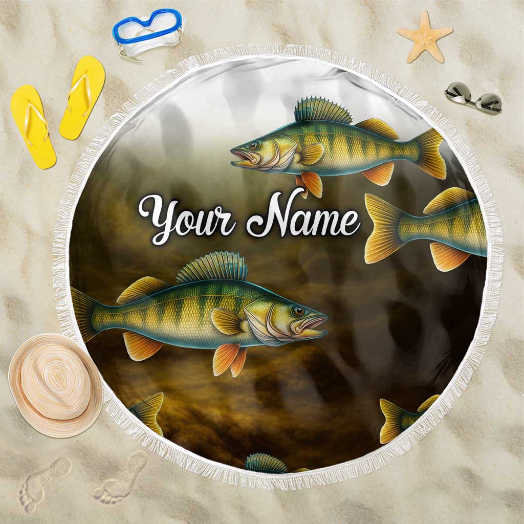 Walleye Fishing Yellow Scales Customize Name Beach Blanket Dark Gradient Water Background - Wonder Print Shop
