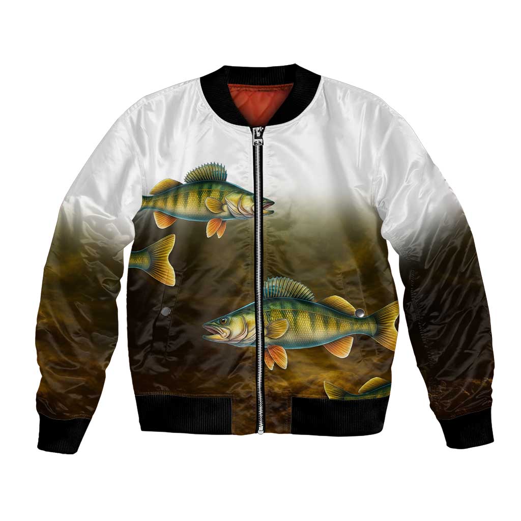 Walleye Fishing Yellow Scales Customize Name Bomber Jacket Dark Gradient Water Background - Wonder Print Shop