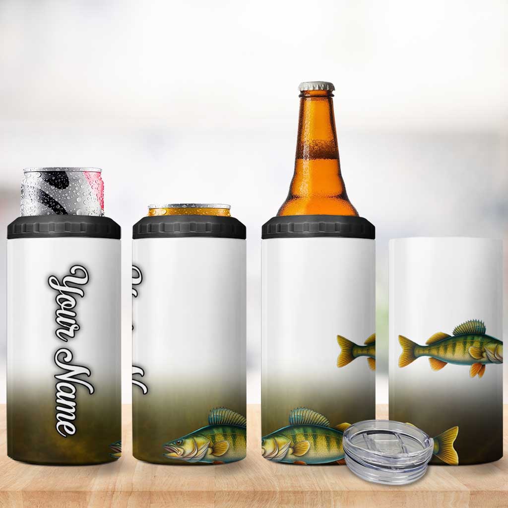Walleye Fishing Yellow Scales Customize Name 4 in 1 Can Cooler Tumbler Dark Gradient Water Background - Wonder Print Shop