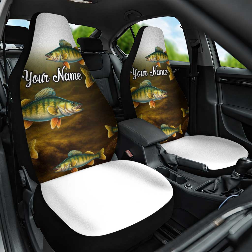 Walleye Fishing Yellow Scales Customize Name Car Seat Cover Dark Gradient Water Background - Wonder Print Shop