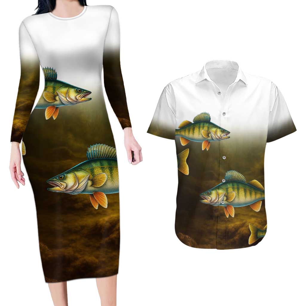 Walleye Fishing Yellow Scales Customize Name Couples Matching Long Sleeve Bodycon Dress and Hawaiian Shirt Dark Gradient Water Background - Wonder Print Shop