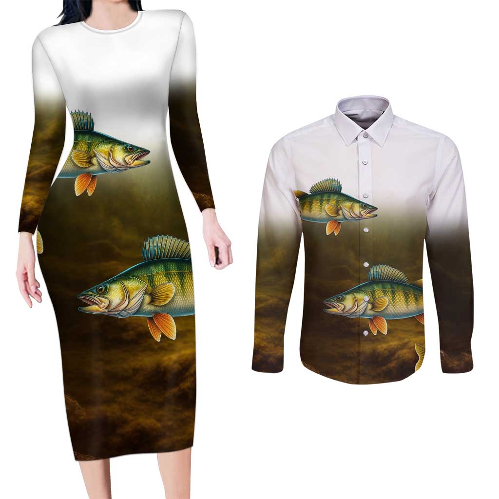 Walleye Fishing Yellow Scales Customize Name Couples Matching Long Sleeve Bodycon Dress and Long Sleeve Button Shirt Dark Gradient Water Background - Wonder Print Shop