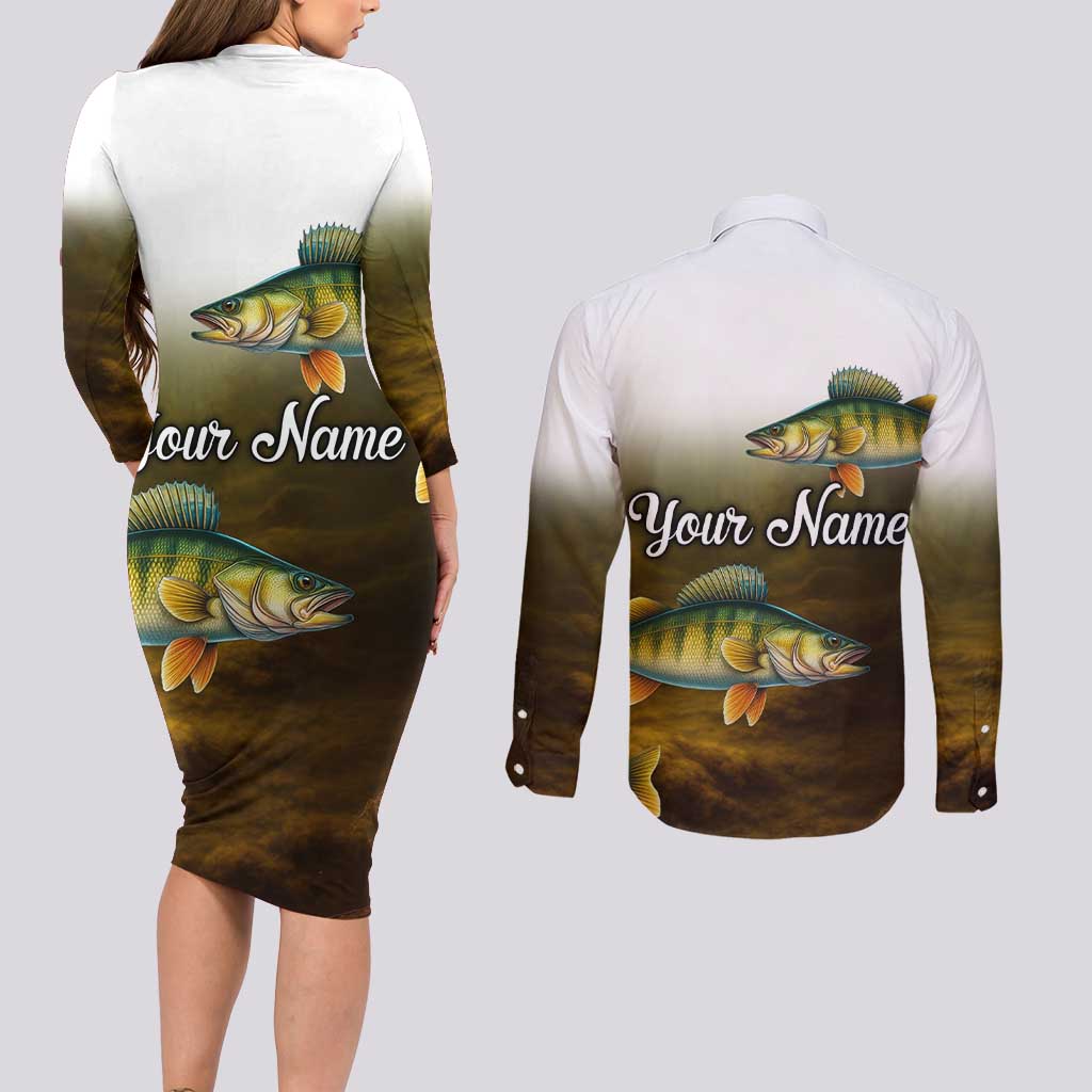 Walleye Fishing Yellow Scales Customize Name Couples Matching Long Sleeve Bodycon Dress and Long Sleeve Button Shirt Dark Gradient Water Background - Wonder Print Shop