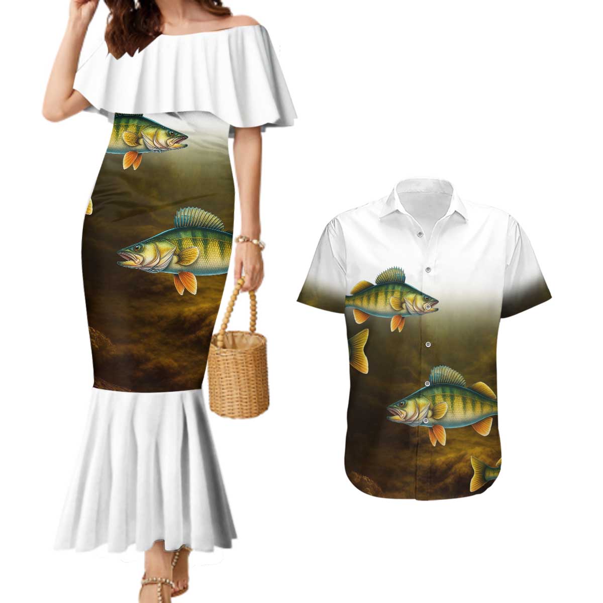 Walleye Fishing Yellow Scales Customize Name Couples Matching Mermaid Dress and Hawaiian Shirt Dark Gradient Water Background - Wonder Print Shop