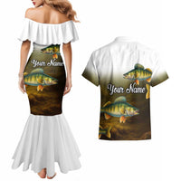 Walleye Fishing Yellow Scales Customize Name Couples Matching Mermaid Dress and Hawaiian Shirt Dark Gradient Water Background - Wonder Print Shop