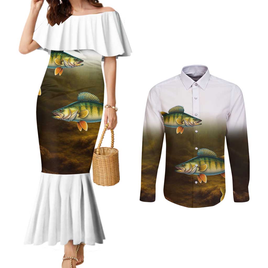 Walleye Fishing Yellow Scales Customize Name Couples Matching Mermaid Dress and Long Sleeve Button Shirt Dark Gradient Water Background - Wonder Print Shop