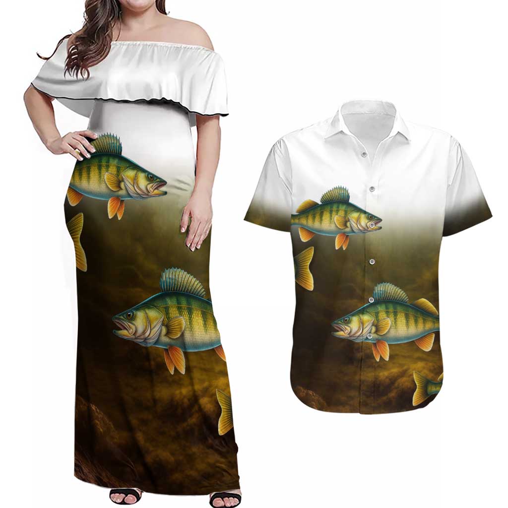 Walleye Fishing Yellow Scales Customize Name Couples Matching Off Shoulder Maxi Dress and Hawaiian Shirt Dark Gradient Water Background - Wonder Print Shop