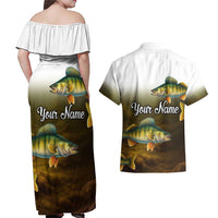Walleye Fishing Yellow Scales Customize Name Couples Matching Off Shoulder Maxi Dress and Hawaiian Shirt Dark Gradient Water Background - Wonder Print Shop