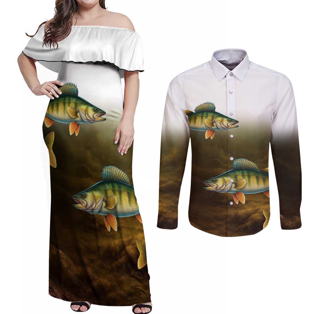 Walleye Fishing Yellow Scales Customize Name Couples Matching Off Shoulder Maxi Dress and Long Sleeve Button Shirt Dark Gradient Water Background - Wonder Print Shop
