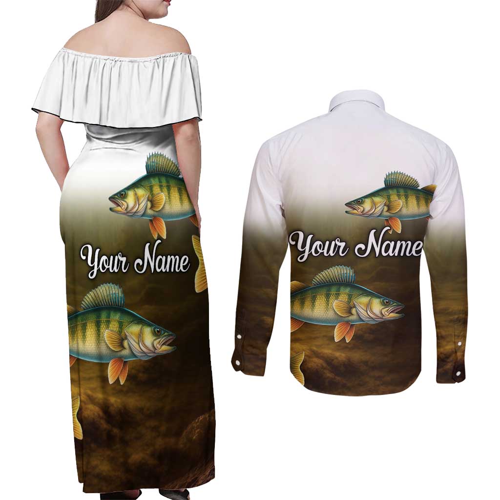 Walleye Fishing Yellow Scales Customize Name Couples Matching Off Shoulder Maxi Dress and Long Sleeve Button Shirt Dark Gradient Water Background - Wonder Print Shop