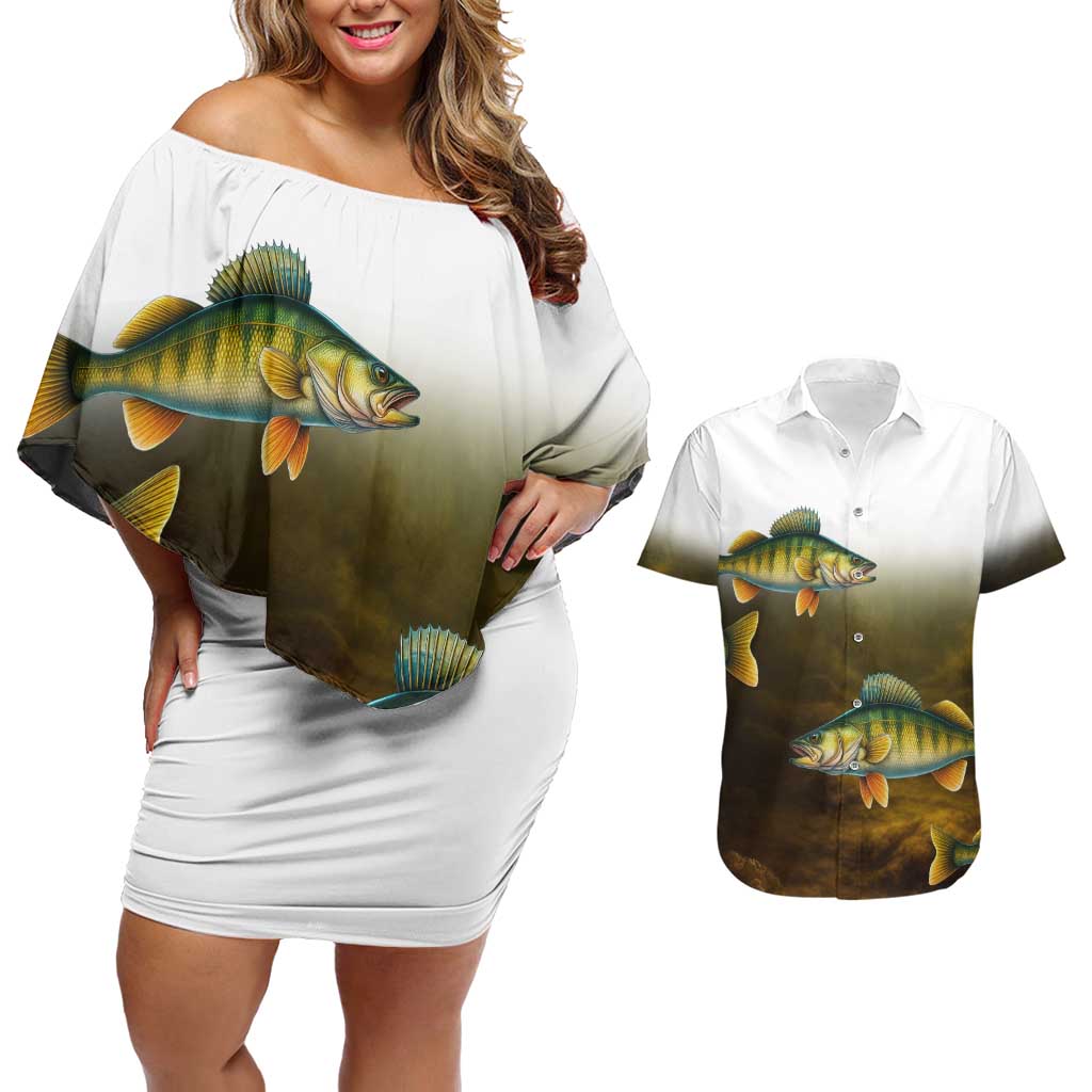 Walleye Fishing Yellow Scales Customize Name Couples Matching Off Shoulder Short Dress and Hawaiian Shirt Dark Gradient Water Background - Wonder Print Shop